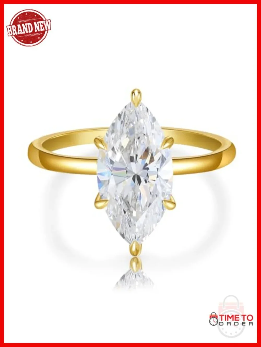 4CT Marquise Cut Moissanite Engagement Ring, 14K Gold Plated Solitaire, Size 8